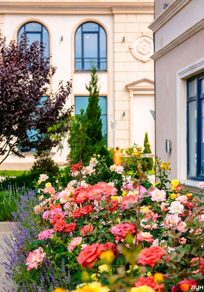 Будівля Житлового кварталу Авторський з бежевим фасадом, арковими вікнами та декоративними елементами. Перед нею – доглянутий квітник з різнокольоровими трояндами та лавандою.
