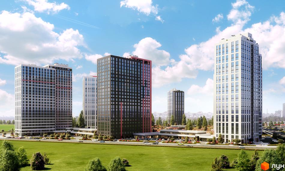 Житловий комплекс Варшавський Плюс: сучасні висотні будинки з панорамними вікнами та зеленою прибудинковою територією з дорогою та автомобілями.