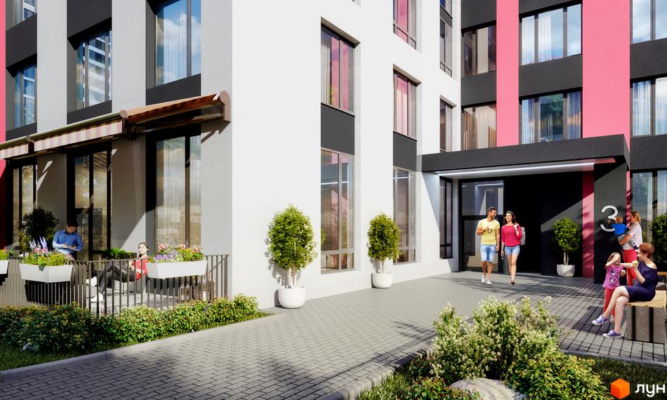 Фасад житлового комплексу Варшавський Плюс з рожевими та сірими елементами, прибудинкова територія з людьми та зеленню.
