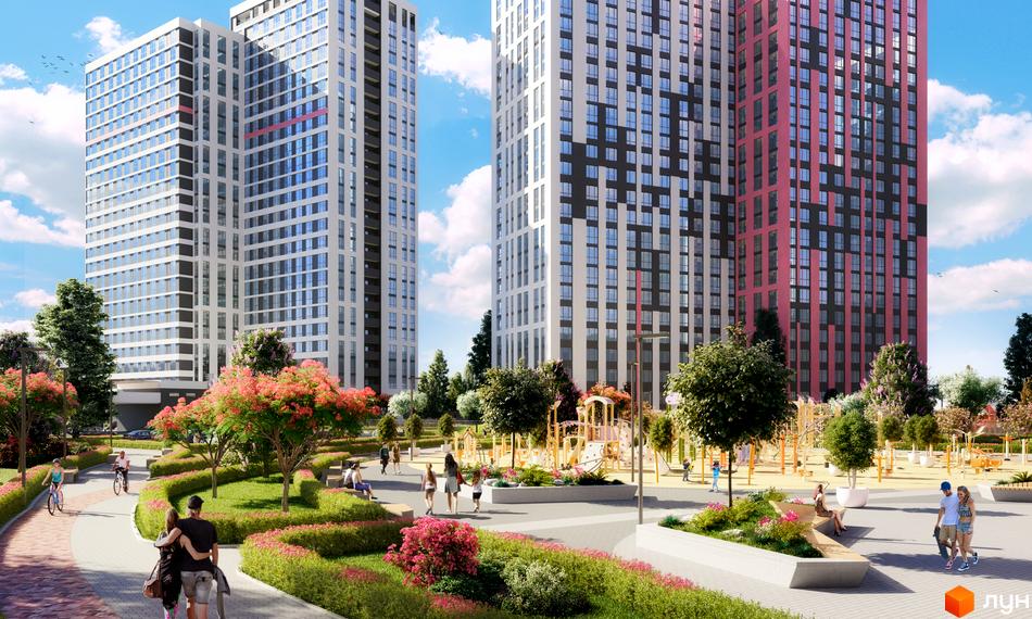 Житловий комплекс Варшавський Плюс: висотні будинки з фасадами білого та рожевого кольору. На прибудинковій території розташовані зелені зони, дитячий майданчик та місця для відпочинку.