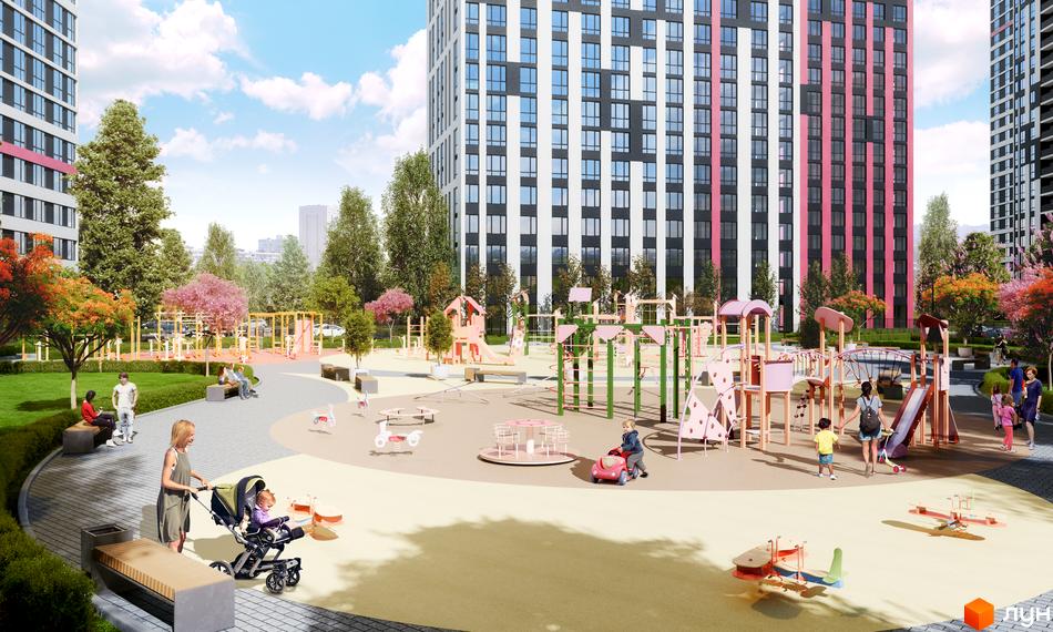 Житловий комплекс Варшавський Плюс. Сучасна архітектура будинків та дитячий майданчик з різноманітними ігровими елементами.