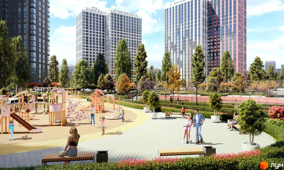 Житловий комплекс Варшавський Плюс: висотні будинки та сучасний дитячий майданчик з зонами відпочинку. Зелена територія з деревами та квітами.