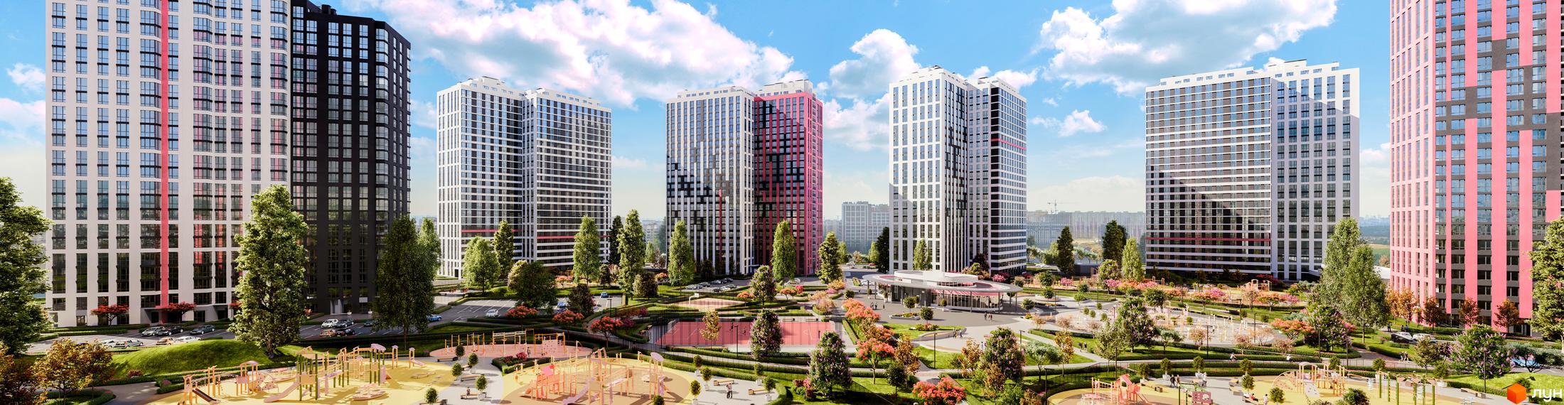 Житловий комплекс Варшавський Плюс. Сучасні багатоповерхові будинки з панорамними вікнами та упорядкована прибудинкова територія з дитячими майданчиками та зонами відпочинку.