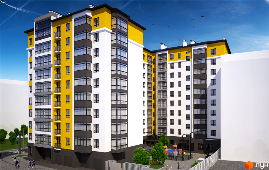 Багатоповерховий житловий комплекс Цитадель-2 з білими та жовтими фасадами. На прибудинковій території облаштований дитячий майданчик.