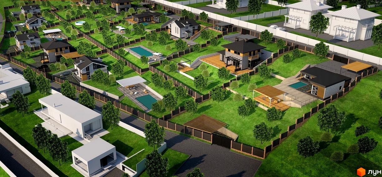 Візуалізація котеджів у Містечку котеджів Lisnyky Club. На зображенні представлені будинки з сучасним дизайном та доглянута прибудинкова територія з басейнами та зеленими насадженнями.