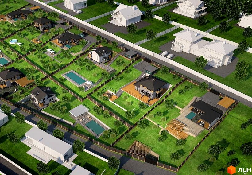 Візуалізація котеджів КМ Lisnyky Club. На зображенні видно котеджі з басейнами та доглянутою прибудинковою територією.