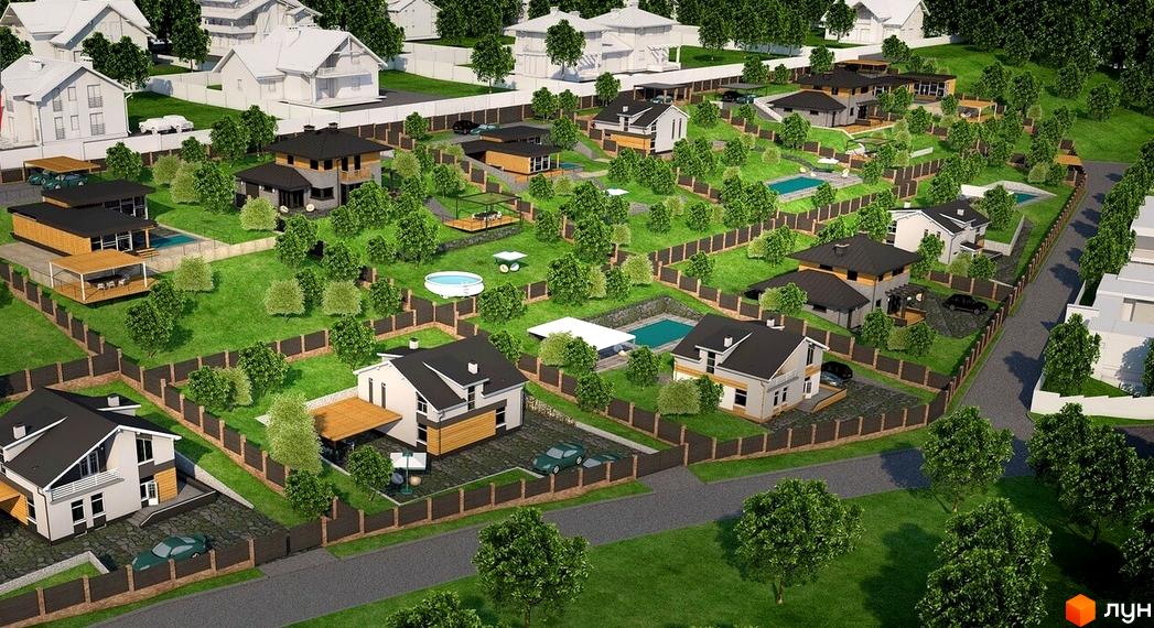 Візуалізація котеджів в КМ Lisnyky Club. На зображенні представлені будинки з темними дахами та світлими фасадами, розташовані на доглянутій території з зеленими насадженнями та басейнами.