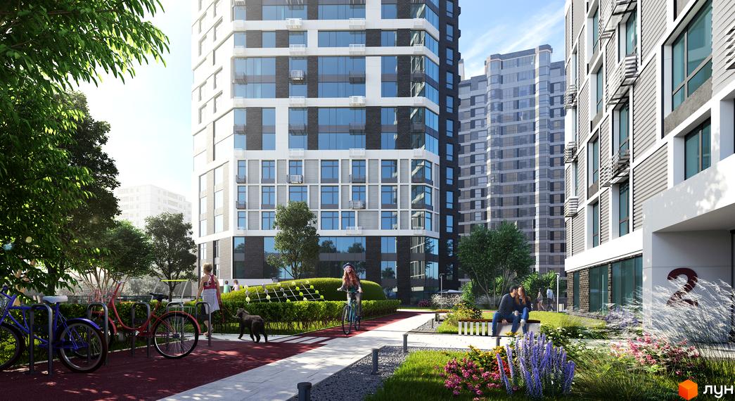 Зображення Житлового комплексу Poetica. Перша колекція. Вигляд новобудови та прибудинкової території з пішохідними доріжками, газонами та лавками.