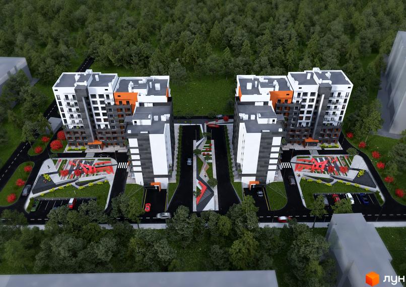 Житловий комплекс Престижний. Високі будинки з білими, сірими та помаранчевими фасадами. На території комплексу є парковка, дитячий майданчик та зелені насадження.