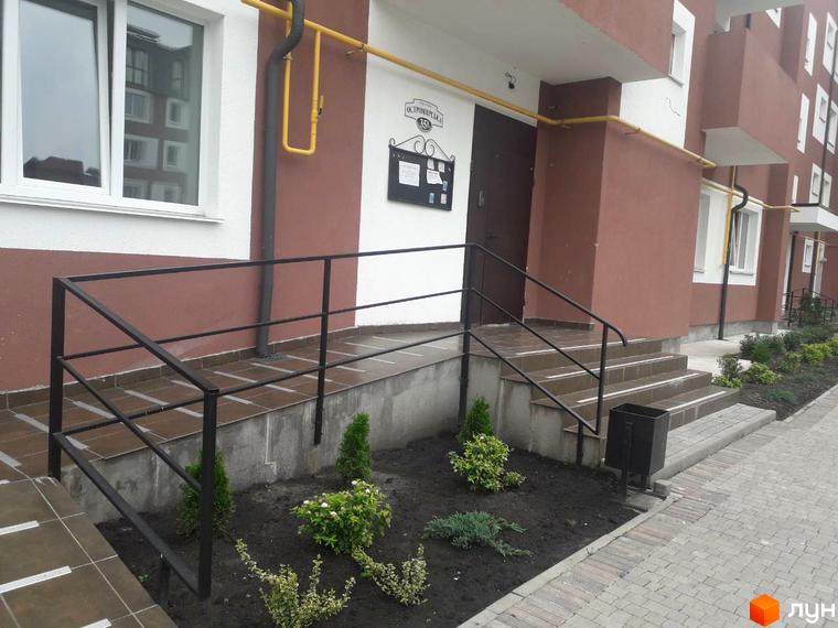 Зовнішній вигляд будинку ЖК Гостомельські липки з коричневим фасадом та білими вікнами. Прибудинкова територія з доглянутими зеленими насадженнями та зручним пандусом.