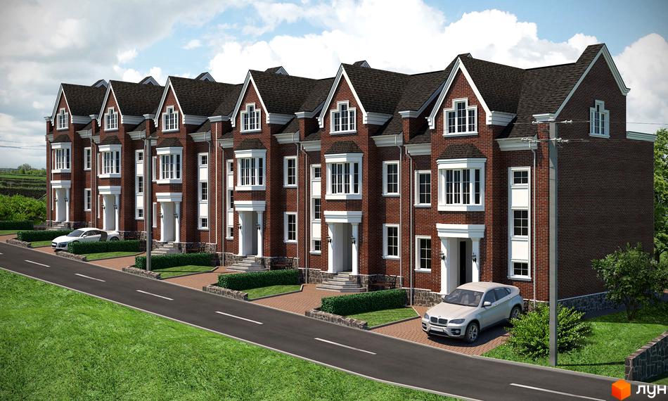 Житловий комплекс Таунхаус „Пирогів“ з червоної цегли. Будинки з білими колонами та вікнами, перед будинками бруківка та зелені насадження, поруч дорога та припарковані автомобілі.