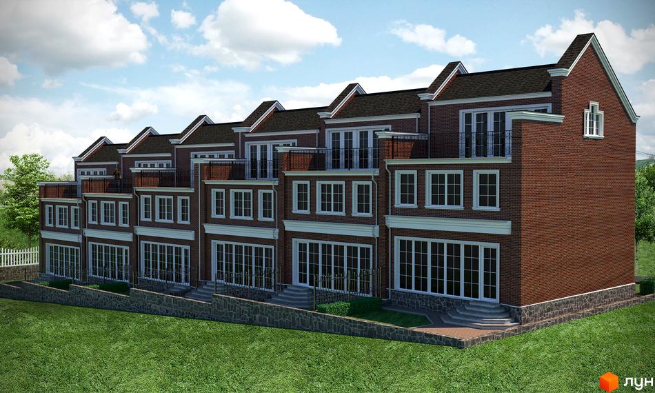 Ряд цегляних таунхаусів Таунхаус „Пирогів“ з білими вікнами та балконами. Перед будинками зелений газон та кам'яні сходи.