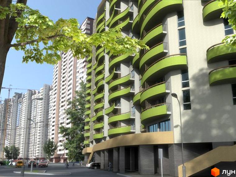 Житловий комплекс Нова Хвиля з вигнутими балконами та сучасним фасадом. Прибудинкова територія озеленена деревами та має зручні пішохідні доріжки.
