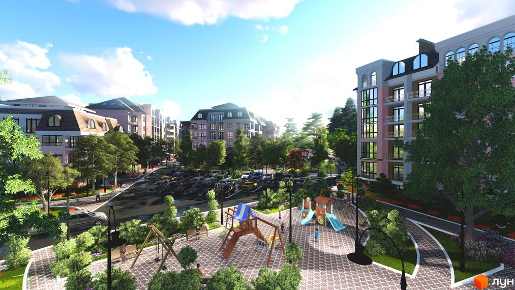 Житловий комплекс Гранд Парк. Зовнішній вигляд будинків та прибудинкова територія з дитячим майданчиком і парковкою.