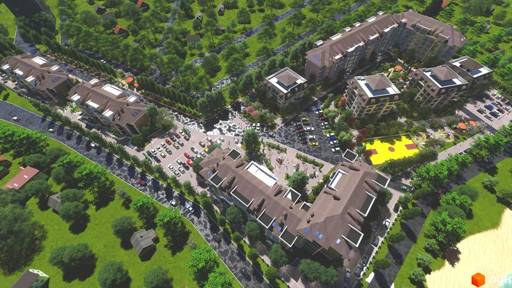 Житловий комплекс Гранд Парк з багатоповерховими будинками та упорядкованою прибудинковою територією, що включає зони відпочинку та паркування.