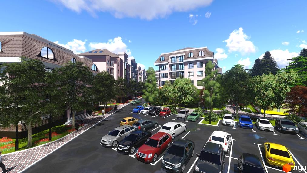 Зовнішній вигляд житлового комплексу Гранд Парк з парковкою та зеленими насадженнями. Огляд новобудови з автомобілями на паркувальних місцях.