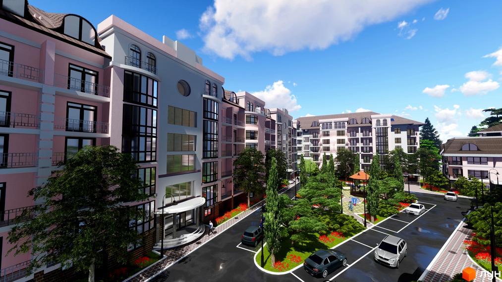 Зовнішній вигляд житлового комплексу Гранд Парк з рожевими та сірими фасадами, балконами та великими вікнами. Прибудинкова територія з деревами, газонами та парковкою.