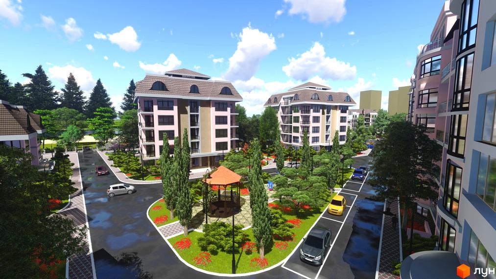 Житловий комплекс Гранд Парк з рожевими фасадами та зеленими деревами. На території комплексу є альтанка та доглянуті клумби.