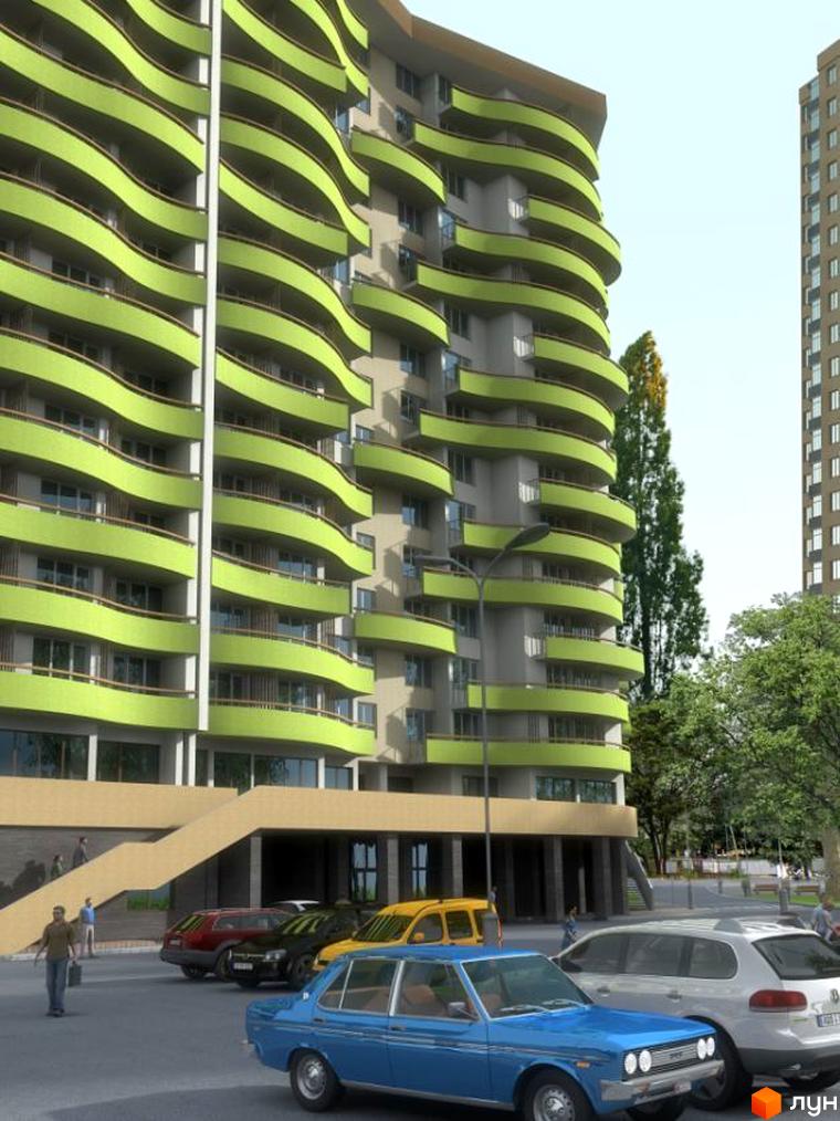 Житловий комплекс Нова Хвиля з яскраво-зеленими хвилястими балконами та прибудинковою територією з автомобілями та пішоходами.