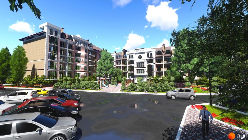 Житловий комплекс Гранд Парк: фасади будівель у світлих тонах, мансардні дахи, зелене подвір'я з ігровою зоною та паркувальні місця.