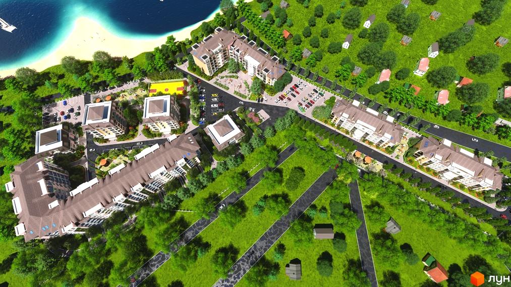 Житловий комплекс Гранд Парк з багатоповерховими будинками та прибудинковою територією з зеленими зонами та дитячими майданчиками біля моря.