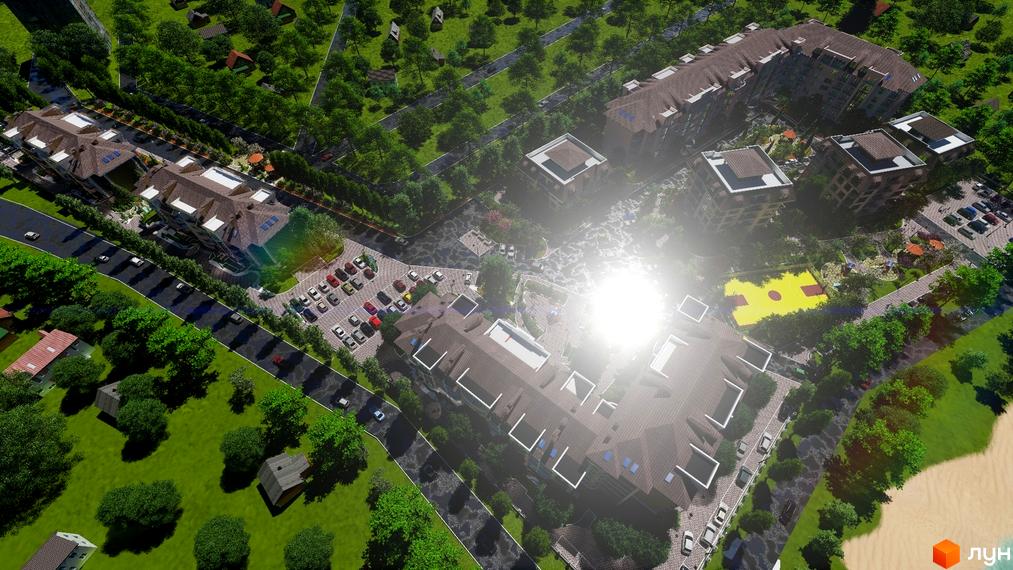 Житловий комплекс Гранд Парк з багатоповерховими будинками та доглянутою прибудинковою територією з парковкою та зеленими зонами.