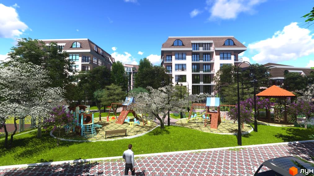 Житловий комплекс Гранд Парк з дитячим майданчиком та зоною відпочинку. Сучасна архітектура будинків та озеленена територія.