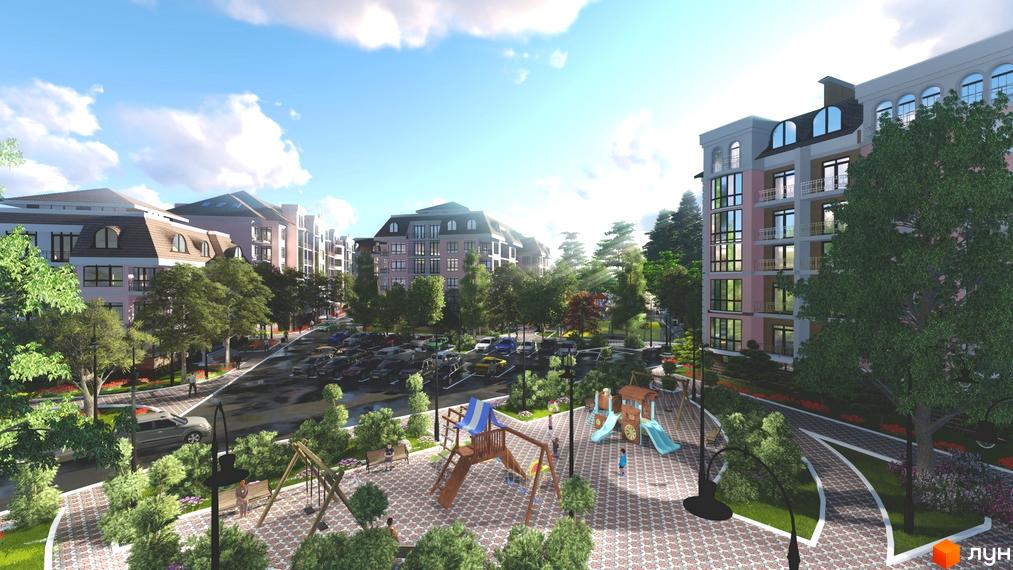 Житловий комплекс Гранд Парк: багатоповерхові будинки з балконами та мансардними вікнами. Прибудинкова територія з дитячим майданчиком, парковкою та зеленими насадженнями.