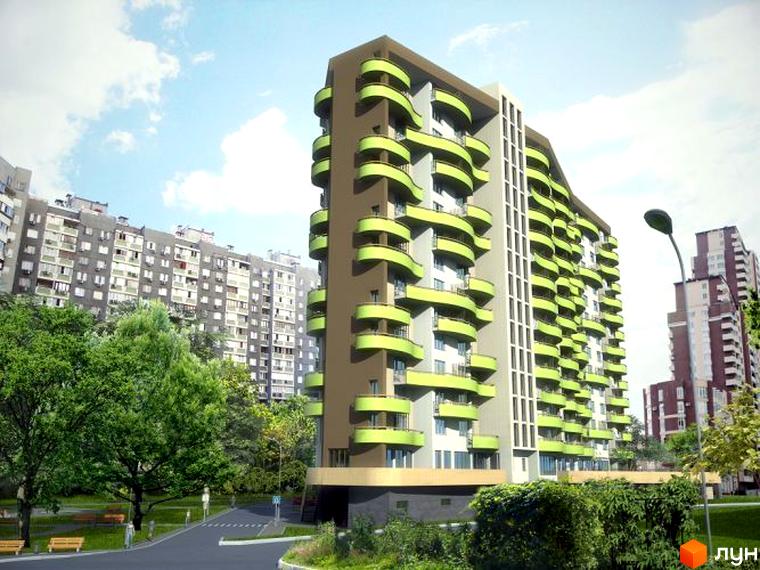 Житловий комплекс Нова Хвиля з сучасним фасадом та зеленими балконами, оточений зеленими насадженнями та прибудинковою територією.