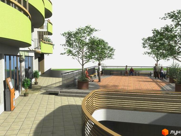 Зовнішній вигляд житлового комплексу Нова Хвиля з балконами та прибудинковою територією, де розташовані дерева та зони відпочинку.