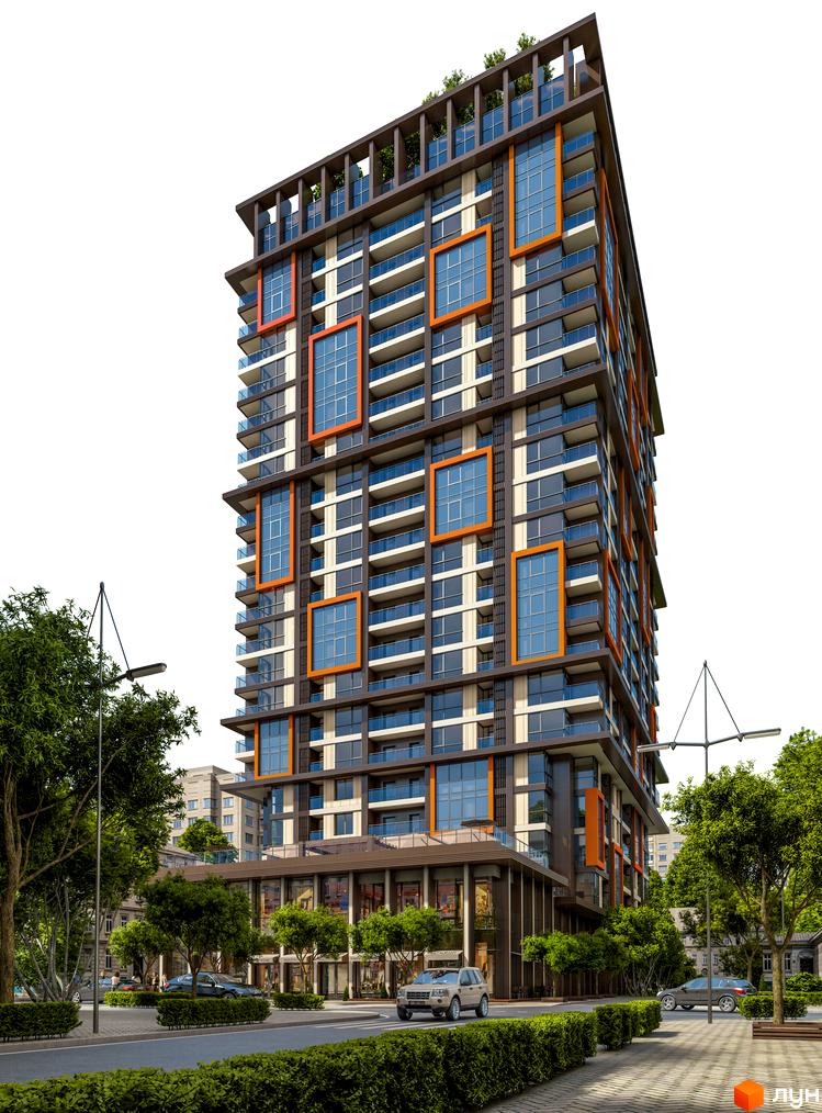 Житловий комплекс Новодворянський – висотна будівля з панорамними вікнами та оранжевими вставками, оточена деревами та міською інфраструктурою.