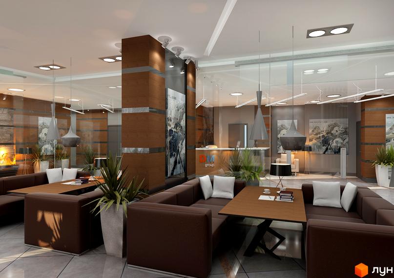 Дизайн інтер'єру зони відпочинку в житловому комплексі Новодворянський. Зручні дивани та столики для відвідувачів.
