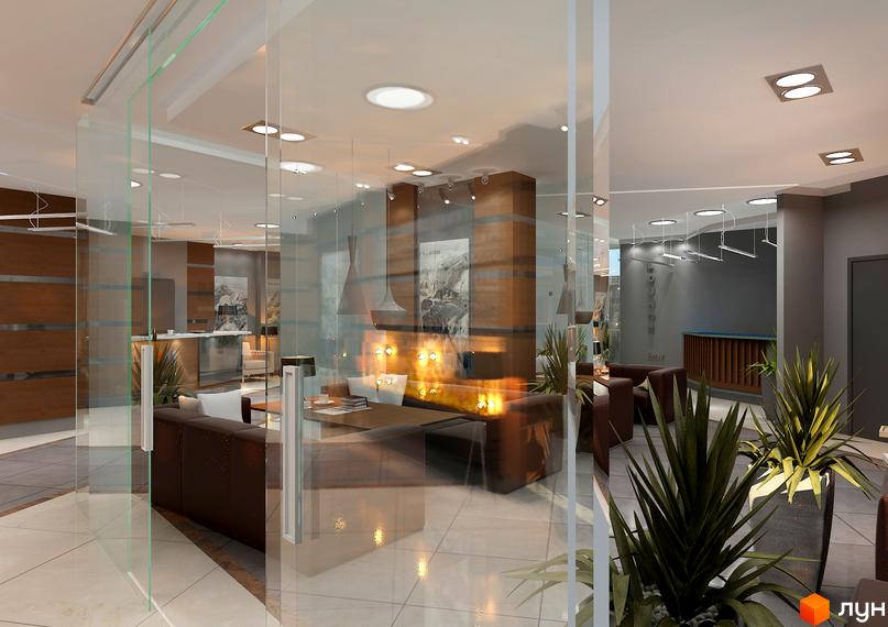 Інтер'єр лобі житлового комплексу Новодворянський з диванами, кавовим столиком та каміном. Сучасний дизайн та комфортна атмосфера для відпочинку.