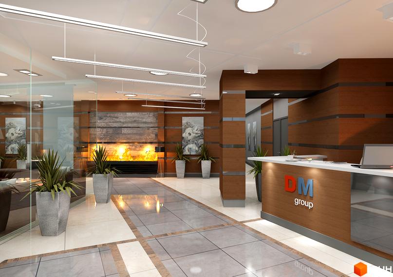 Інтер'єр холу новобудови ЖК Новодворянський з каміном та зоною ресепшн. Сучасний дизайн та оздоблення створюють затишну атмосферу.