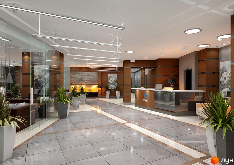 Інтер'єр холу житлового комплексу Новодворянський з рецепцією, каміном та зонами відпочинку. Сучасний дизайн та оздоблення створюють комфортну атмосферу.