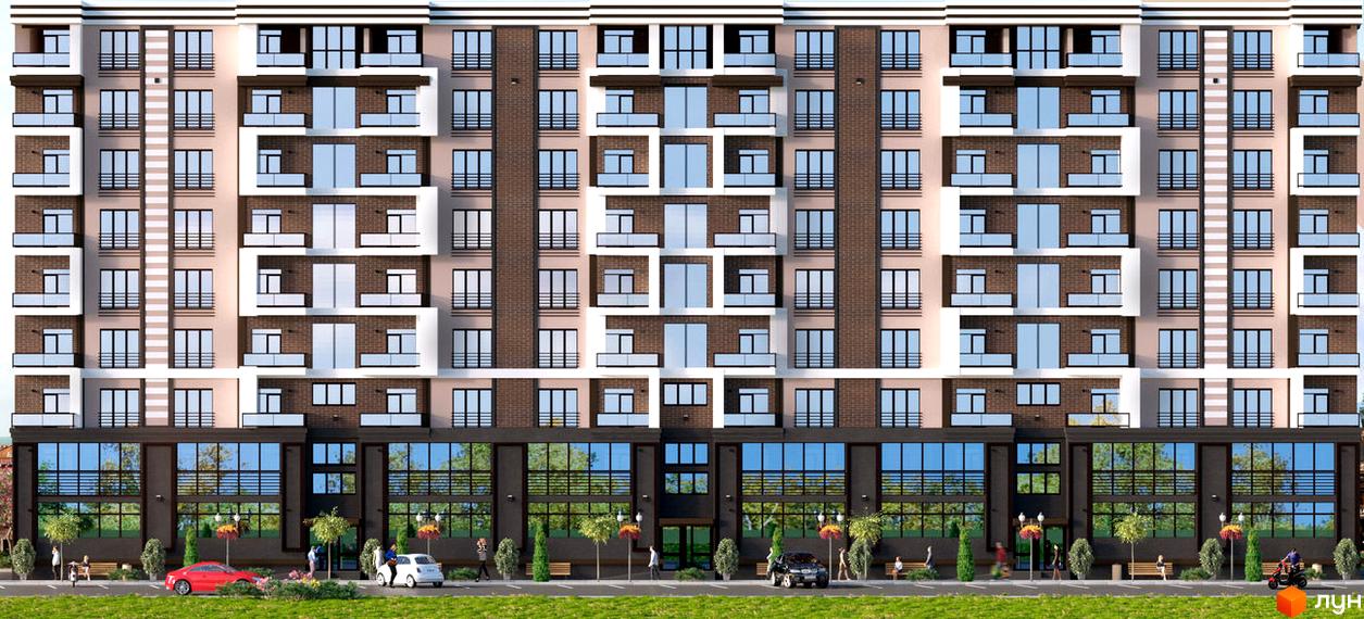 Новобудова Modern: будинок з комбінованим фасадом, великими вікнами. Перед ним зелений газон, тротуар та дорога.