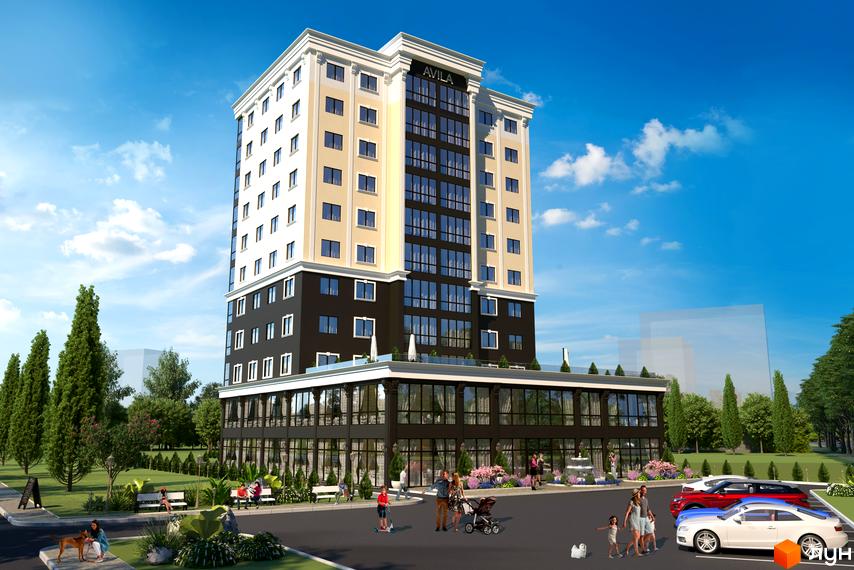 Житловий комплекс Avila Lux: багатоповерховий будинок з темним фасадом на нижніх поверхах та світлим на верхніх. Прибудинкова територія з парком, людьми та автомобілями.