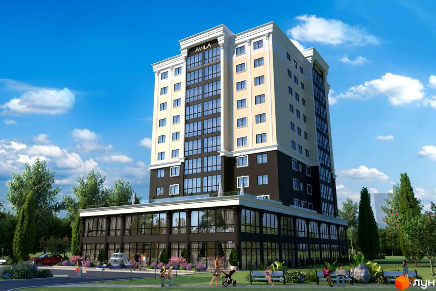 Багатоповерховий житловий комплекс Avila Lux з світлим фасадом та темним цоколем. Навколо будинку озеленена територія з деревами, лавками та пішохідними доріжками.