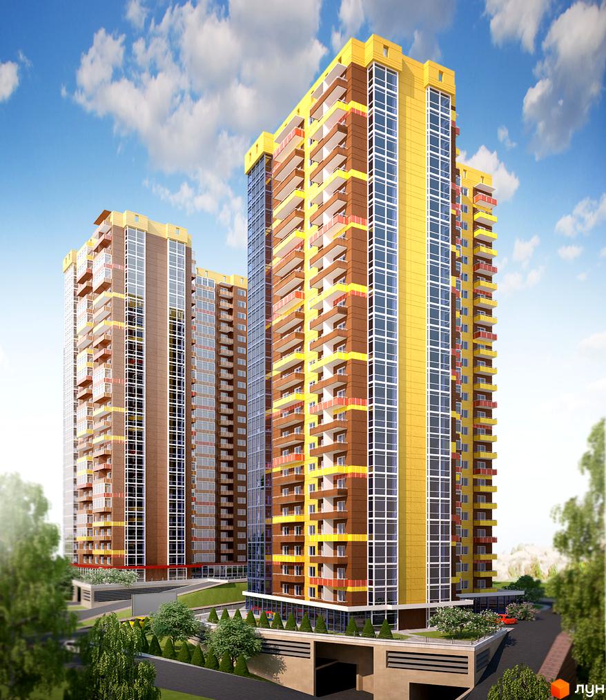 Зовнішній вигляд житлового комплексу ЖК Мозаїка з яскравими фасадами. Прибудинкова територія з зеленими насадженнями та паркінгом.