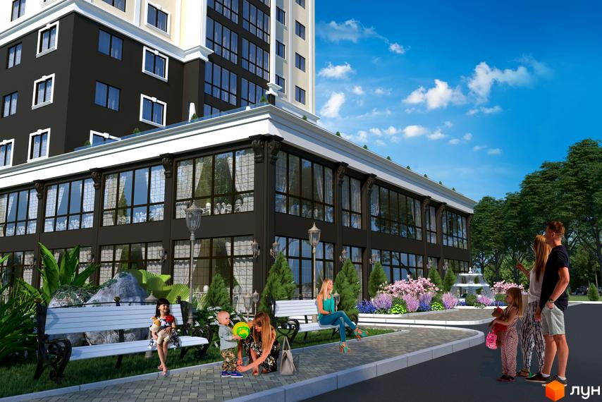 Зображення Житлового комплексу Avila Lux. Фасад будинку з великими вікнами та прибудинкова територія з лавками, рослинами та відпочиваючими людьми.