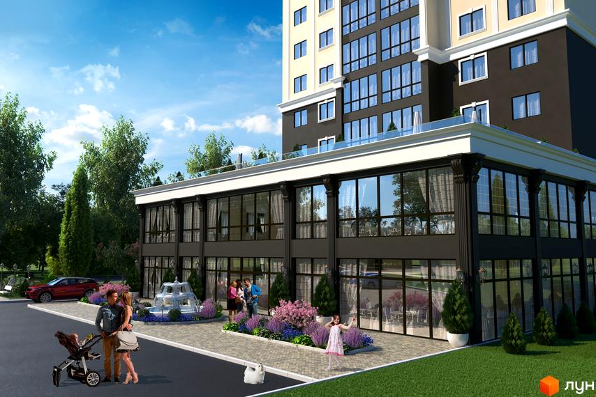 Житловий комплекс Avila Lux – багатоповерхова будівля з темним фасадом та великими вікнами. Територія має фонтан, квіткові клумби та зелені насадження.