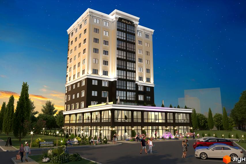 Зображення Новобудови Avila Lux: висотна будівля з чорно-бежевим фасадом та панорамними вікнами. На передньому плані прибудинкова територія з пішохідною зоною та автомобілями.