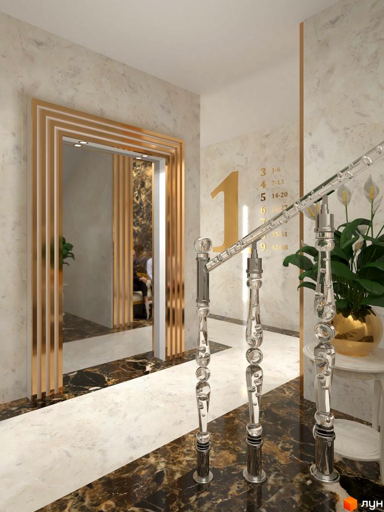 Інтер'єр холу Житлового комплексу Avila Lux з золотистим декором та скляними поручнями. Мармурова підлога з темними та світлими вставками.