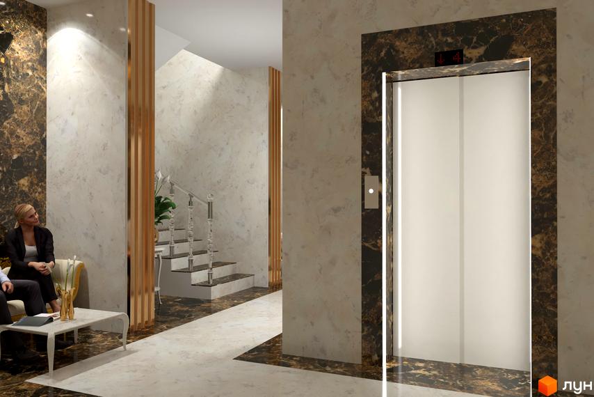 Інтер'єр вестибюля Житлового комплексу Avila Lux з ліфтом у мармуровому обрамленні, сходами та зоною відпочинку.