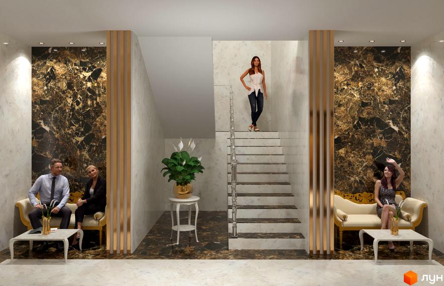 Інтер'єр холу Новобудови Avila Lux. Зображення зони очікування з диванами та журнальними столиками, сходи на другий поверх.