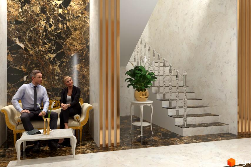 Інтер'єр Житлового комплексу Avila Lux з мармуровими стінами та підлогою, витонченими меблями та сходами з прозорими балясинами.