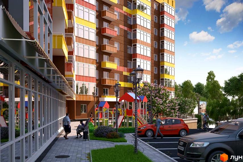 Висотна будівля житлового комплексу з балконами. На прибудинковій території дитячий майданчик, парковка та зелені насадження.