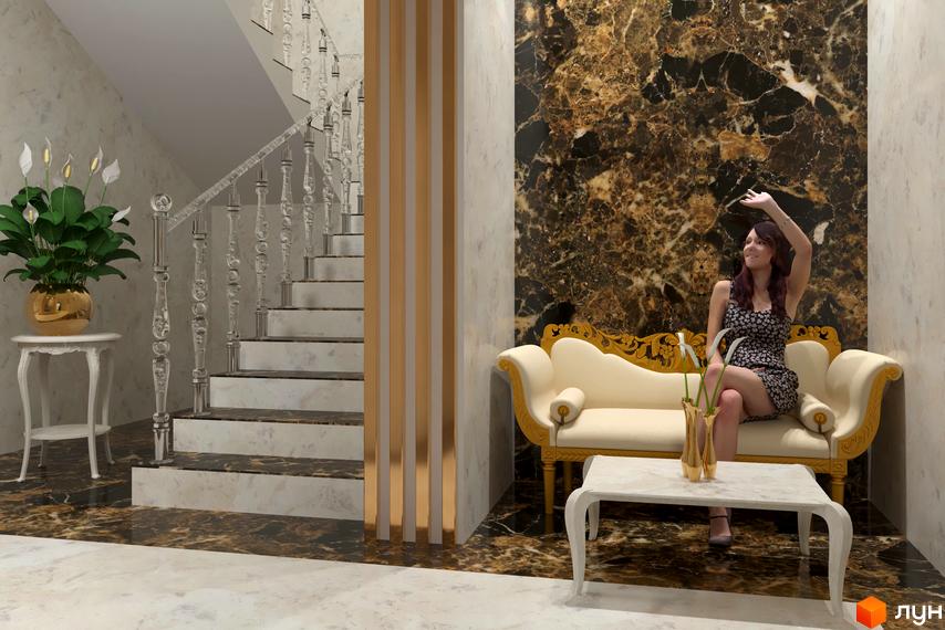 Інтер'єр холу Житлового комплексу Avila Lux: мармурові стіни та підлога, прозорі сходи та зона відпочинку з диваном.