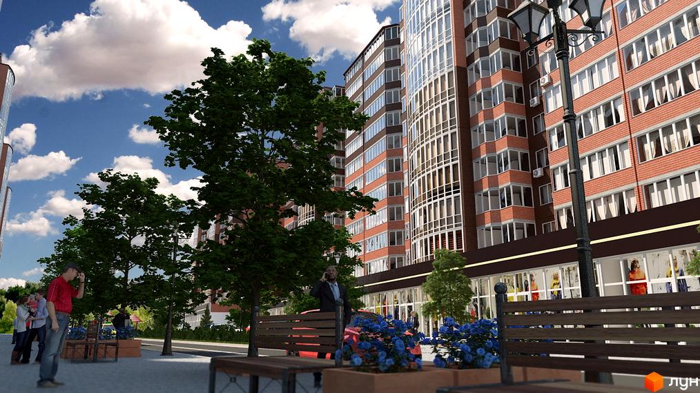 Житловий комплекс Мирний складається з багатоповерхових будинків з цегляними та скляними фасадами. Прибудинкова територія облаштована деревами, лавками та квітниками.