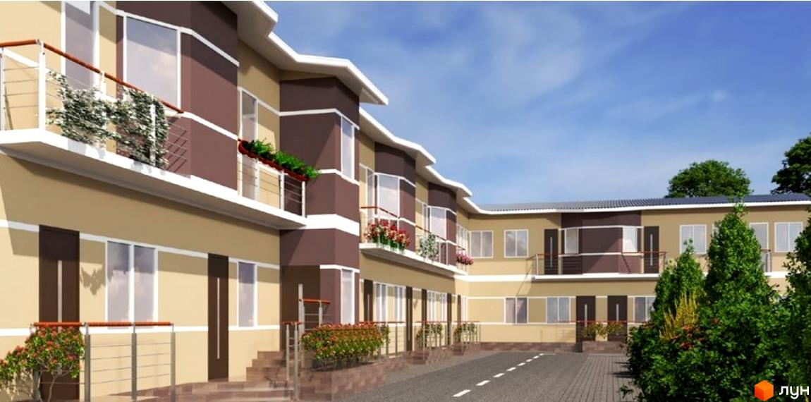 Житловий комплекс Андрієвський: фасади будинків з балконами та квітами. Прибудинкова територія з дорогою та зеленими насадженнями.